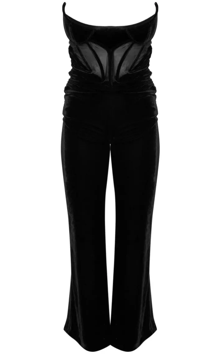 Black Velvet Corset Bandeau Ruched Jumpsuit