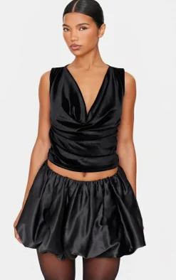 Black Velvet Cowl Neck Sleeveless Long Top