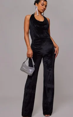 Black Velvet Cowl Neck Wide Leg Jumpsuit