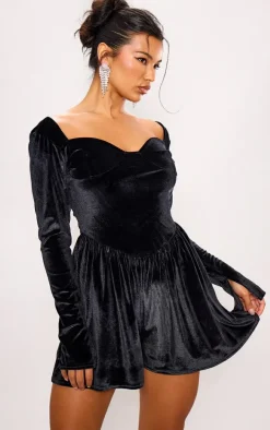 Black Velvet Cup Detail Long Sleeve Skater Romper