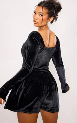 Black Velvet Cup Detail Long Sleeve Skater Romper