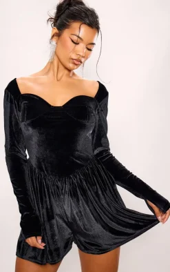 Black Velvet Cup Detail Long Sleeve Skater Romper