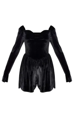 Black Velvet Cup Detail Long Sleeve Skater Romper