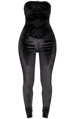 Black Velvet Cut Out Corsage Detail Bandeau Jumpsuit