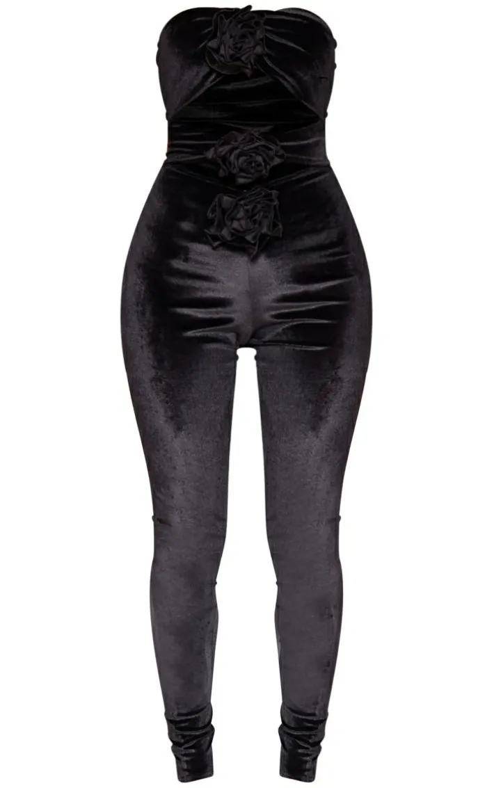 Black Velvet Cut Out Corsage Detail Bandeau Jumpsuit