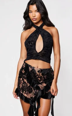 Black Velvet Devore Plunge Backless Top