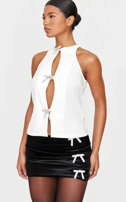 Black Velvet Diamante Bow Trim Mini Skirt