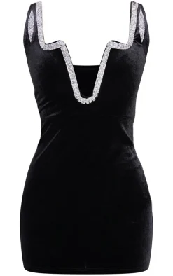 Black Velvet Diamante Detail Trim Mini Dress