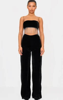 Black Velvet Diamante Tassel Cut Out Strappy Jumpsuit