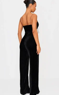 Black Velvet Diamante Tassel Cut Out Strappy Jumpsuit
