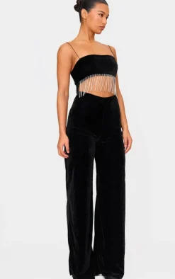 Black Velvet Diamante Tassel Cut Out Strappy Jumpsuit