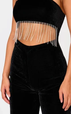 Black Velvet Diamante Tassel Cut Out Strappy Jumpsuit
