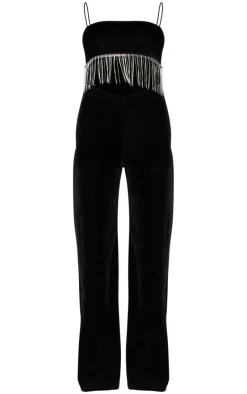 Black Velvet Diamante Tassel Cut Out Strappy Jumpsuit