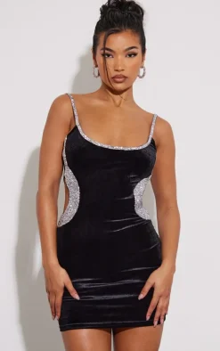 Black Velvet Diamante Trim Detail Strappy Bodycon Dress