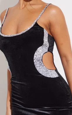 Black Velvet Diamante Trim Detail Strappy Bodycon Dress