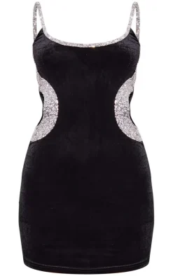 Black Velvet Diamante Trim Detail Strappy Bodycon Dress