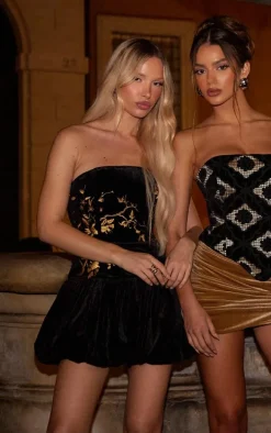 Black Velvet Embroidered Detail Puffball Dress