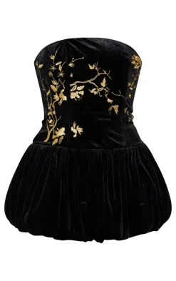 Black Velvet Embroidered Detail Puffball Dress