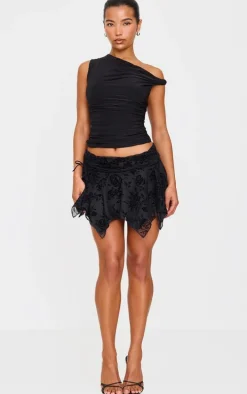 Black Velvet Floral Detail Mini Skirt