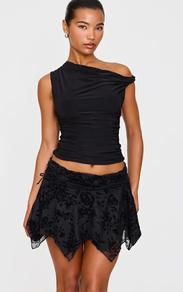 Black Velvet Floral Detail Mini Skirt