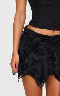 Black Velvet Floral Detail Mini Skirt