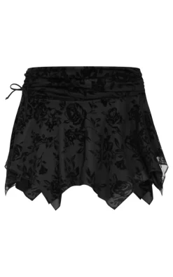 Black Velvet Floral Detail Mini Skirt