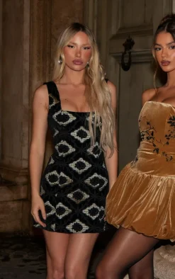 Black Velvet Floral Jacquard A Line Dress