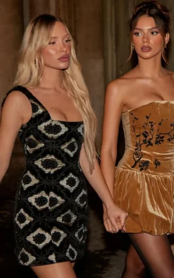 Black Velvet Floral Jacquard A Line Dress