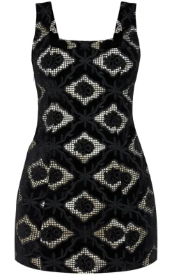 Black Velvet Floral Jacquard A Line Dress