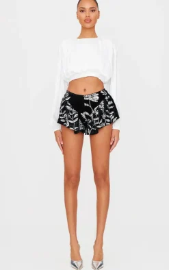 Black Velvet Floral Sequin Embellished Shorts