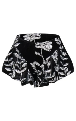 Black Velvet Floral Sequin Embellished Shorts