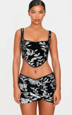 Black Velvet Floral Sequin Embellished Corset