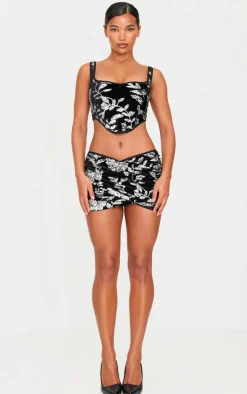 Black Velvet Floral Sequin Embellished Ruched Micro Mini Skirt