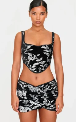 Black Velvet Floral Sequin Embellished Ruched Micro Mini Skirt