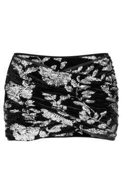 Black Velvet Floral Sequin Embellished Ruched Micro Mini Skirt