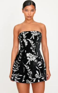 Black Velvet Floral Sequin Embellished A-line Dress