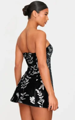 Black Velvet Floral Sequin Embellished A-line Dress