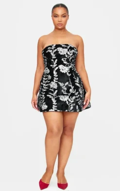 Black Velvet Floral Sequin Embellished A-line Dress