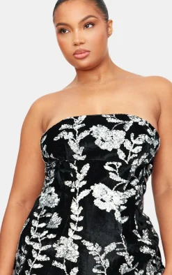 Black Velvet Floral Sequin Embellished A-line Dress