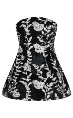 Black Velvet Floral Sequin Embellished A-line Dress