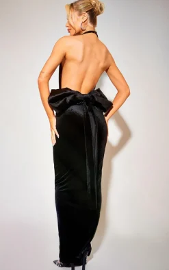 Black Velvet Halterneck Bow Detail Maxi Dress