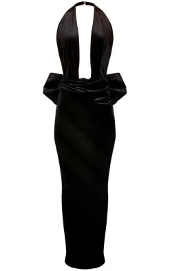Black Velvet Halterneck Bow Detail Maxi Dress