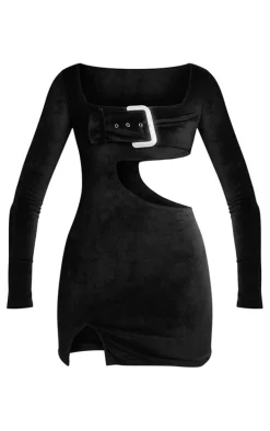 Black Velvet Long Sleeve Diamante Buckle Mini Dress