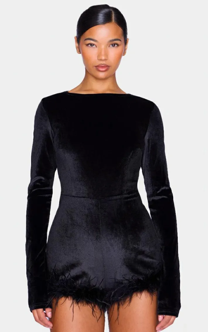 Black Velvet Long Sleeve Feather Trim Romper