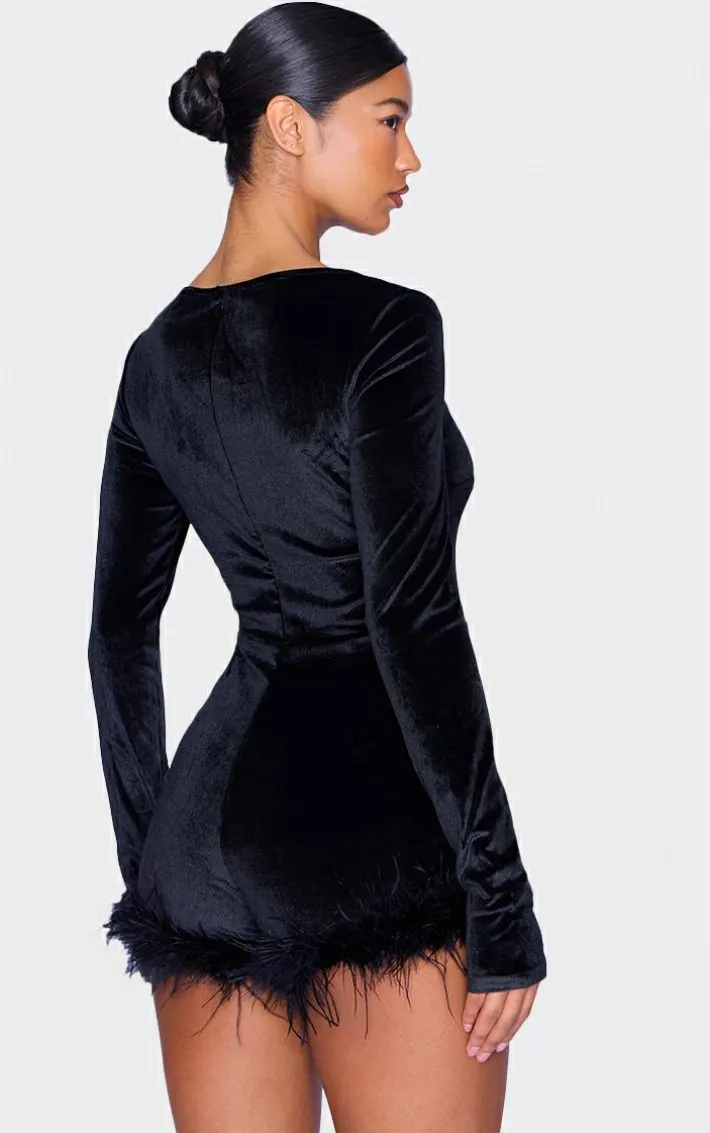 Black Velvet Long Sleeve Feather Trim Romper