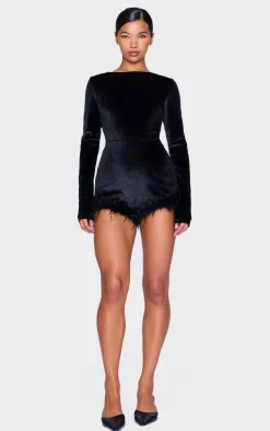 Black Velvet Long Sleeve Feather Trim Romper