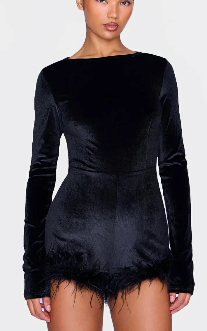 Black Velvet Long Sleeve Feather Trim Romper