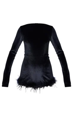 Black Velvet Long Sleeve Feather Trim Romper