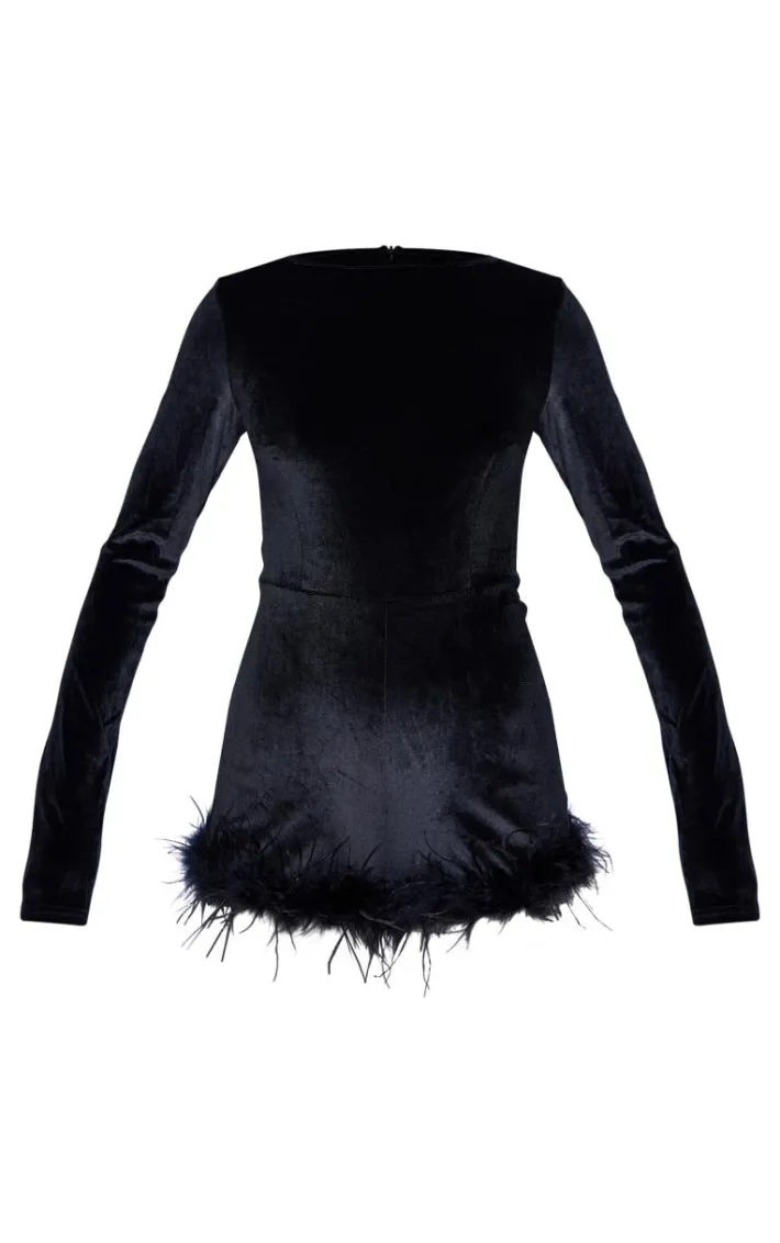 Black Velvet Long Sleeve Feather Trim Romper