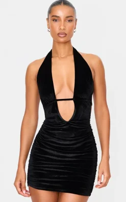 Black Velvet Low Scoop Back Halter Neck Mini Dress